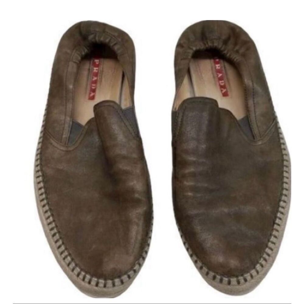Prada Size 8 Slip On Espadrille Loafers Brown Leather Minimalist Old Money - Picture 3 of 11